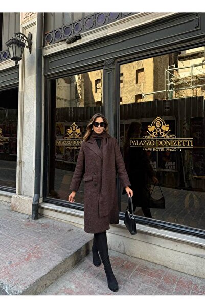 LUJJE Women's Long Wool Blend Boucle Coat-Scarf Detail