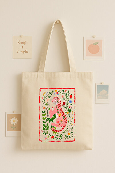 Maki Craft ÇİÇEK DESENLİ PEMBE LEOPAR BASKILI BEZ ÇANTA TOTE BAG