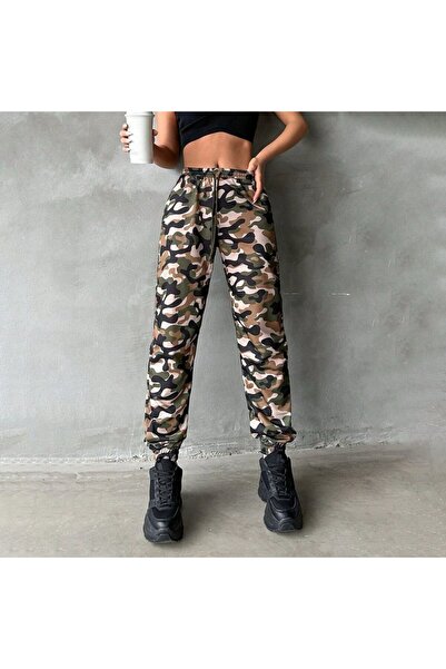 buğrahayalin Women's High Waist Camouflage Printed Ankle Rubber Detail Two Thread Pants
