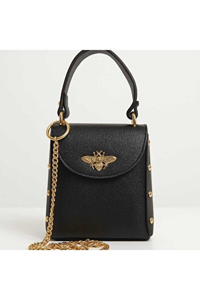 Diva Exclusive Fashion Women's Mini Bag Made of Black Genuine Leather with Gold Chain and Decorative Metal Detail