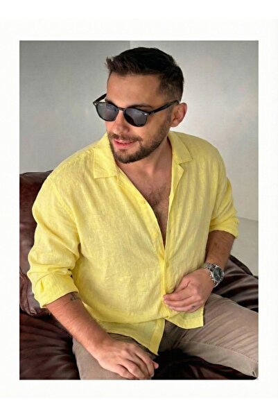 miremiran Keten dokulu 4 mevsimlik salaş spor yaka gömlek SARI