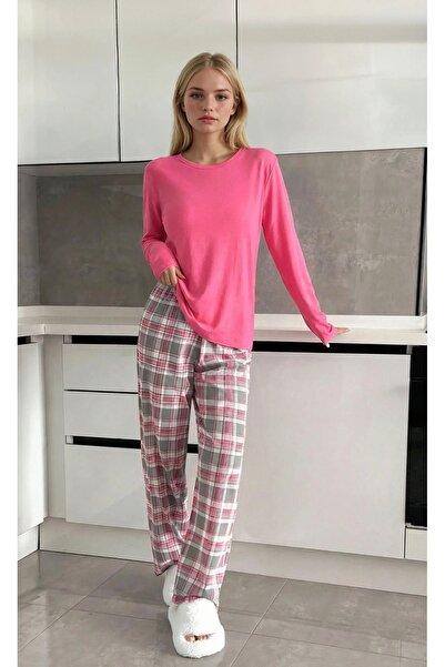 CARLA MARA Plaid Patterned Bottom Pink Top Long Sleeve Pajama Set