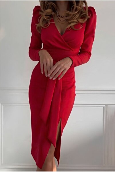 JANES Дамска рокля с дълги ръкави, кръстосана деколте, страничен разрез, кола...