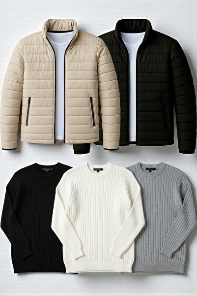 legends butik 5’li Erkek Kışlık Kombin Paketi – 2 Adet Şişme Mont + 3 Adet Fitilli Bisiklet Yaka Kalın Triko Kazak