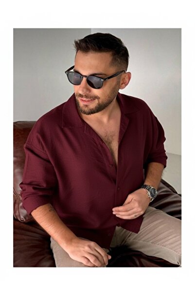 miremiran Keten dokulu 4 mevsimlik salaş spor yaka gömlek BORDO