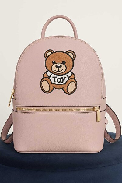 Diva Exclusive Fashion Women's Eco-Leather Backpack with Teddy Bear Embroidery and Zipper Closure