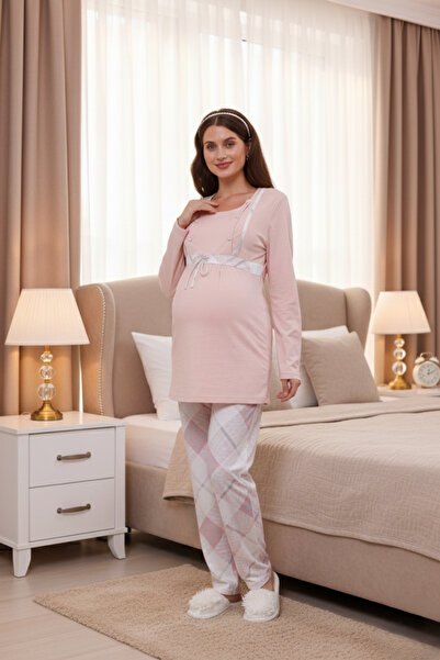 Yulem Homewear Powder Plaid Patterned Cotton Maternity Pajama Set with Breastfeeding Feature