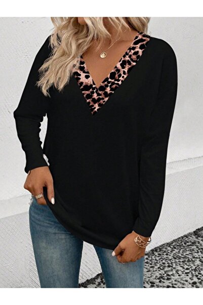 JANES Women's Long Sleeve V-Neck Leopard Detailed Viscose Two Thread Blouse