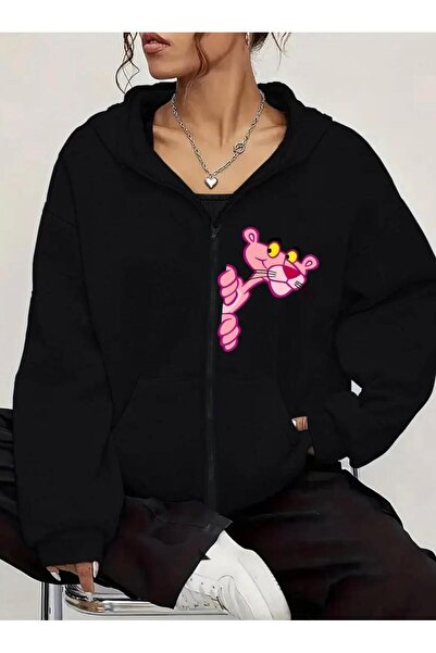 Oceanwear Pembe Panter Baskılı Kapüşonlu Fermuarlı Unisex Düz Sweatshirt Hırka