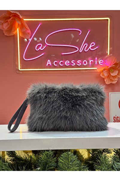 La She Accessories Gray Plush Bag in Rectangular Shape
