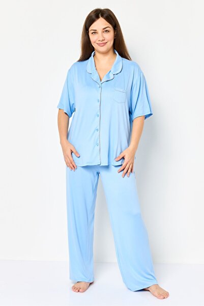 PJ Couture Women 2 Pieces Plain Print Top And Bottom Pajama Set, Blue