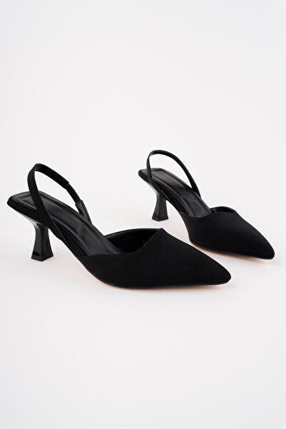 GÜLCE SHOES Saten Siyah Kısa Topuklu Sivri Burunlu Arkası Açık Stiletto Ayakkabı