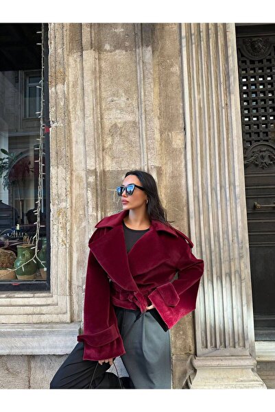 LUJJE Soft Velvet Coat/Trench Coat with Lining and Belt - Bordo