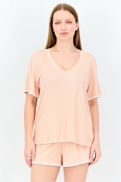 JASON WU Women 2 Piece Ribbed Short Sleeve Pyjama Top And Bottom, Peach