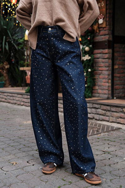 HOPE AND ME Women's Studded Balloon Navy Blue Jean Pants