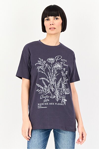 Brave Soul Women Crew Neck Short Sleeve Graphic Print T-Shirt, Grey