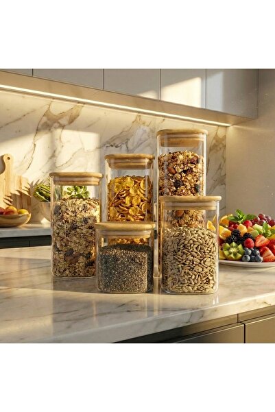 YAH Creation YAH 5-Piece Airtight Glass Jar Set – Clear Borosilicate Square S...