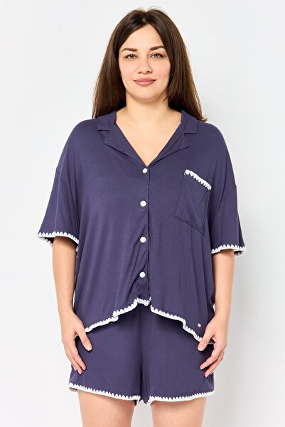 JASON WU Women 2 Piece Ribbed Short Sleeve Pyjama Top And Bottom, Teal Blue