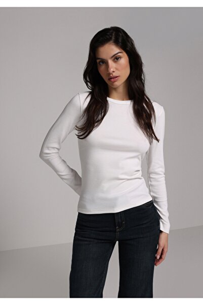 Colin's Tricou alb cu mânecă lungă pentru femei, slim fit, cu gât rotund