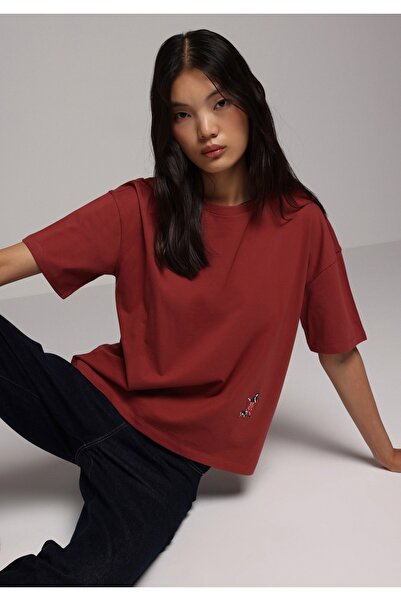 Colin's Regular Fit Yuvarlak Yaka Nakışlı Kadın Turuncu Kısa Kol Tişört