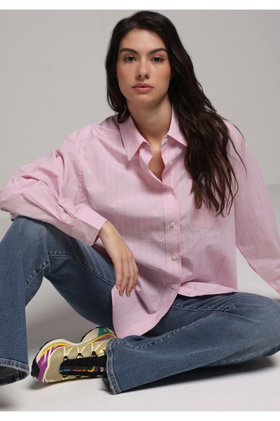 Colin's Oversize Fit Shirt Neck Çizgili Kadın Pembe Uzun Kol Gömlek