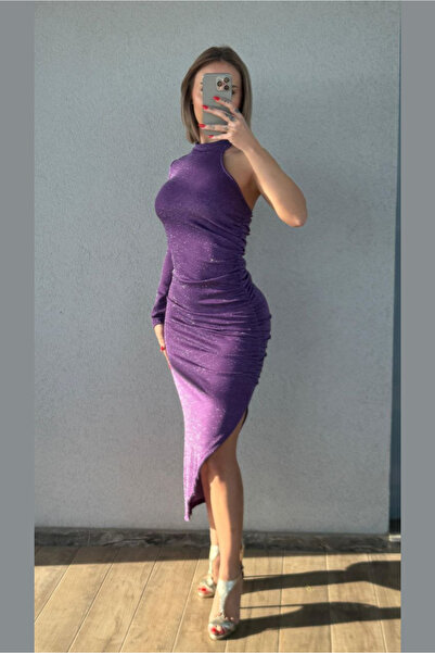 Fav Style Women's One Sleeve Skirt Asymmetrical Midi Glitter Dress Purple