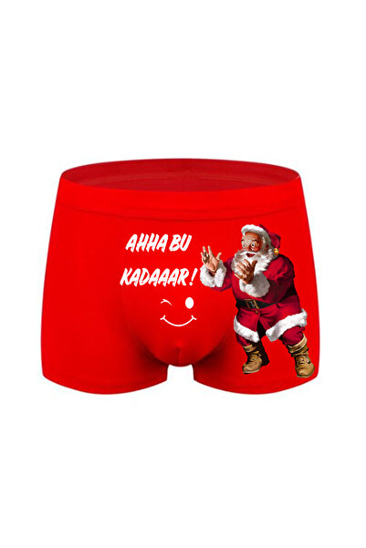 HediyeMania Yılbaşına Özel Aha Bukadar Baskılı Espirili Kırmızı Erkek Boxer Pamuklu Yeni Yıl Noel Babalı Süpper