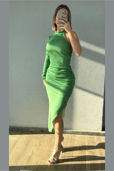 Fav Style Women's One Sleeve Skirt Asymmetrical Midi Glitter Dress Green