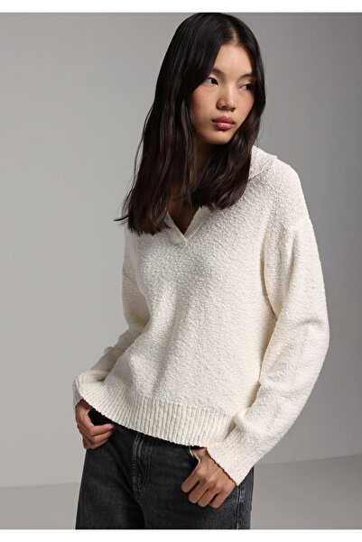 Colin's Pulover alb pentru femei, cu guler polo, cu croiala normala