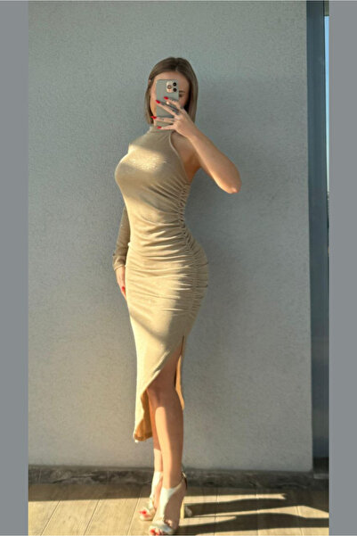 Fav Style Women's One Sleeve Skirt Asymmetrical Midi Glitter Dress Beige