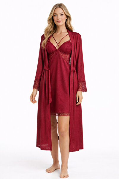 cherry queen Premium Jacquard Burgundy Lace Robe & Nightgown Set – Special Boxed