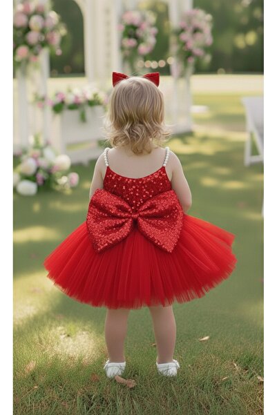 bright moon Girl's Sequin Dress with Pearl Straps and Bow Detail