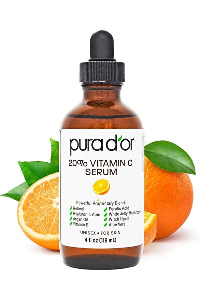 Pura D'or Vitamin C Serum 20% for Face and Eye with Hyaluronic Acid, Vitamin E, and Argan Oil