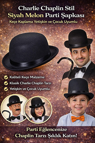 Tamsena Store Charlie Chaplin Stil Siyah Melon Parti Şapkası – Keçe Kaplama Y...