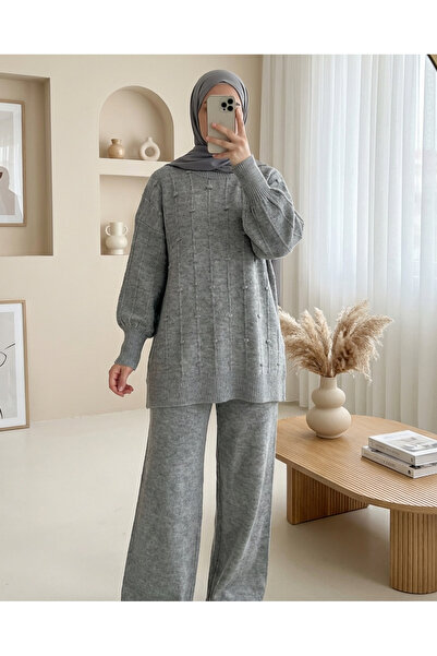 Modamorfo Soft Knitwear Sweater with Side Slits and Pompoms - Gray