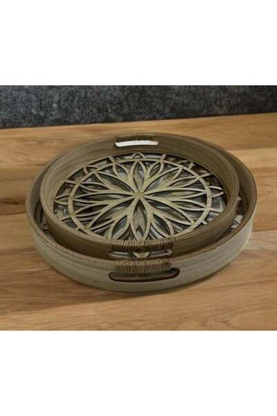 Generic Two-piece round natural wood serving tray set with a glass base Dimensions: 36 x 36 x 5 cm