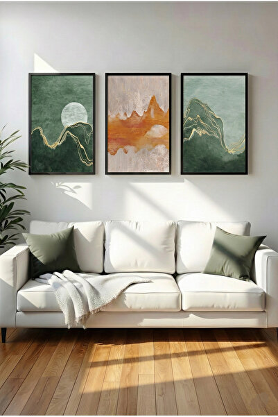Dekorobi İskandinav Tarzı 3 Parçalı Tablo - Gold Efektli Dağ ve Dolunay Temalı Lüks Duvar Süsü