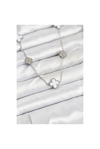 Clariss 316L Steel Chain Silver Color White and Zircon Stone Clover Women Nec...