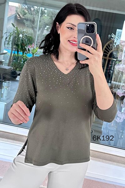 İnce Topuk V-Neck Stone Detail Modal Blouse 6K192