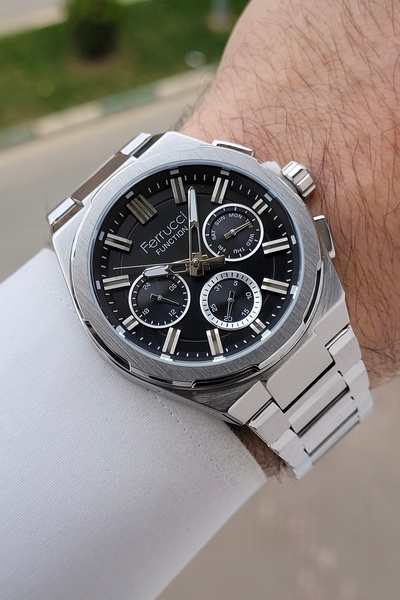 Ferrucci ساعة يد رجالية بمؤشرات 42 ملم مع حزام أسود وحزام قابل للتعديل بلون ر...