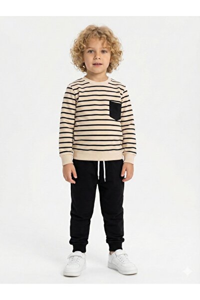 Kalyoncu Butik طقم أولاد قطني مخطط باللون الأسود موديل 2