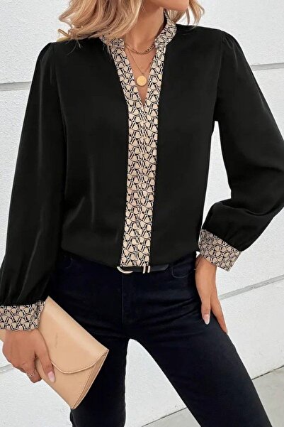 Mossta Patterned Collar V-Neck Long Sleeve Imported Crepe Blouse - Black