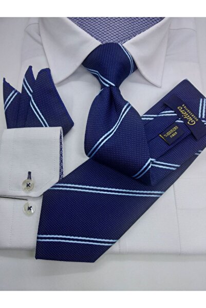 Gutiero Navy Blue Patterned Classic Tie with Handkerchief
