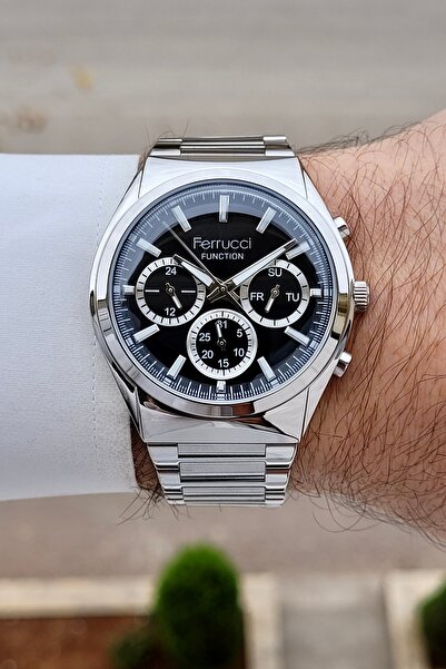 Ferrucci ساعة يد رجالية بقرص أسود وحزام معدني اللون مع ضمان لمدة عامين ومؤشرا...