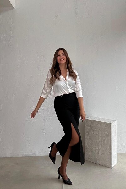 ELVAN TOLON Fusta cu fantă cu nasturi negre