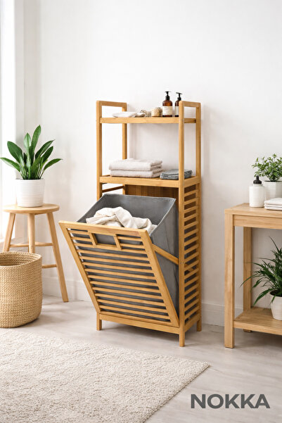 NOKKA Bambu Banyo Rafı, 2 Kat Raf, Açılıp Kapanabilir Çamaşır Sepeti