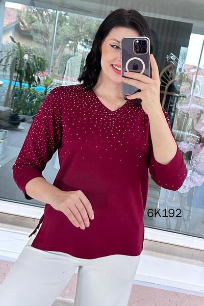 İnce Topuk V-Neck Stone Detail Modal Blouse 6K192