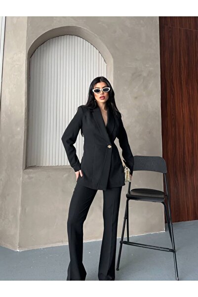ZF BUTİK Σετ Ασύμμετρο Σακάκι και Παντελόνι με Ένα Κουμπί