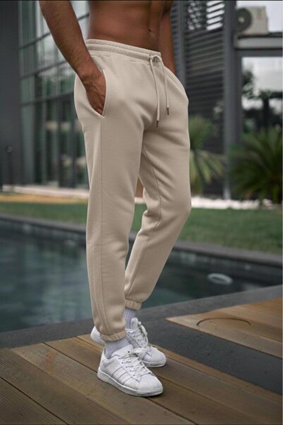 NO 601 Men's Beige Elasticated Cuffed Sweatpants
