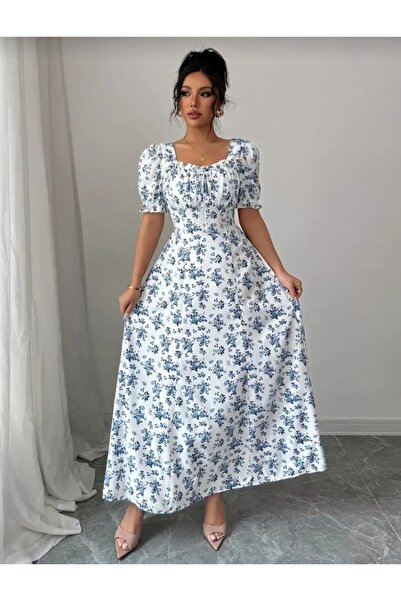 PrasadCo Elegant Blue Floral Midi Dress – Puff Sleeve, Square Neck, Flattering Fit (Medium)